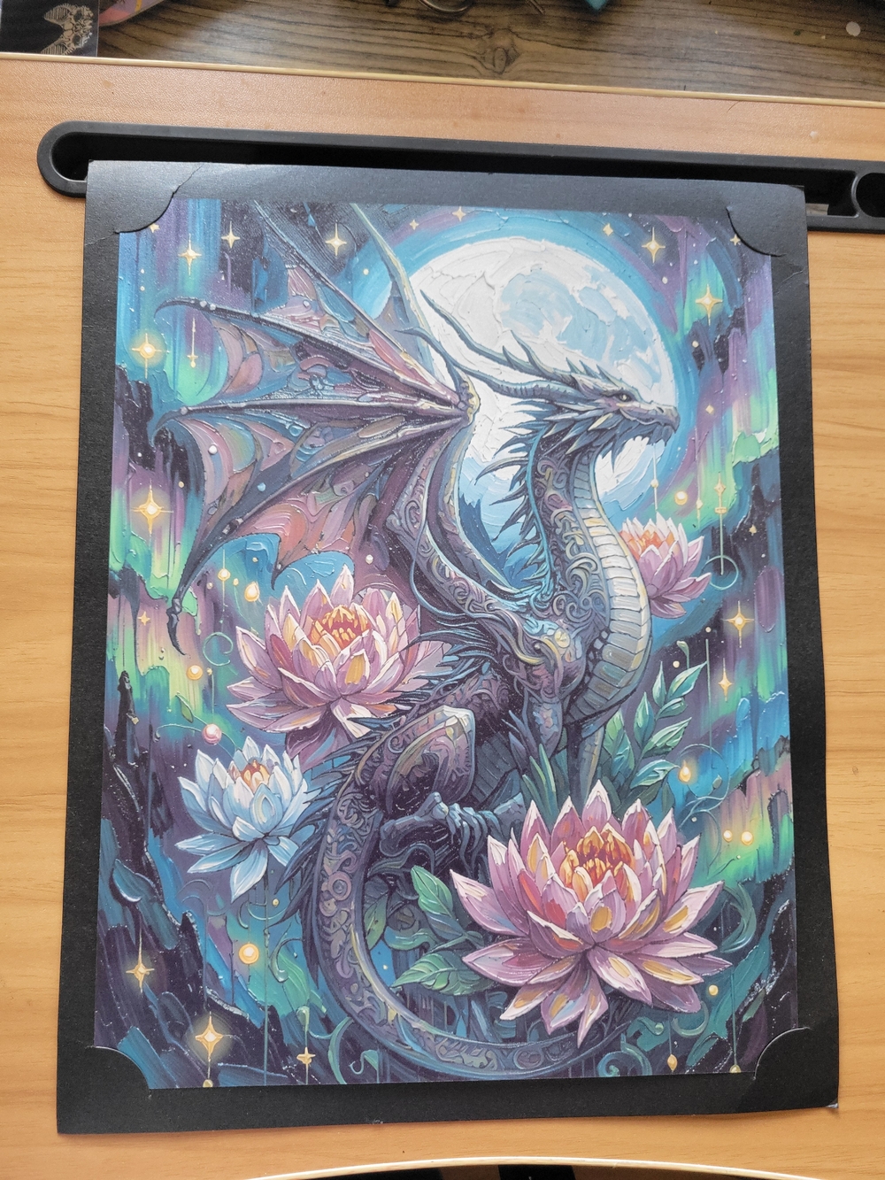 💀NEW💀 Mystical Dragon Art Print with Lotus Blossoms - Vibrant Night Palette